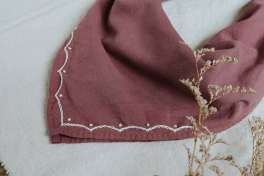 Hand-dyed embroidered retro cotton bandana in mulberry/cream thread