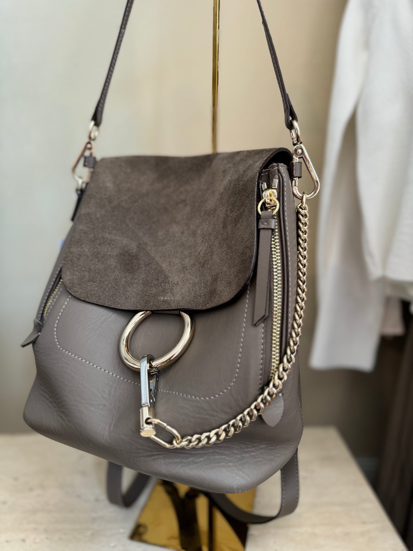 Chloe Grey Leather & Suede Medium Faye Backpack