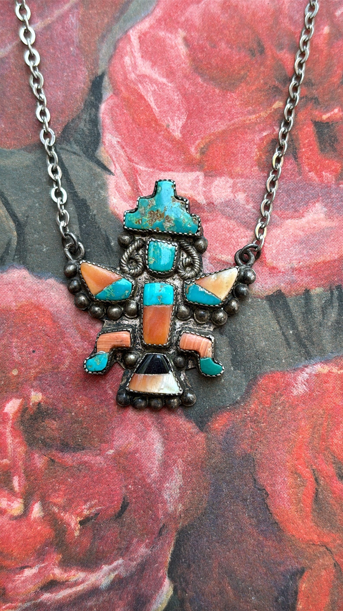 Native American Zuni Torquoise, Coral, Onyx Tie Clip Western Mexican Sterling