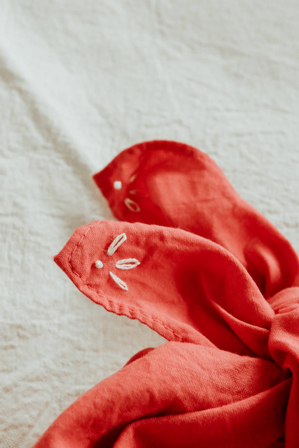 Hand-dyed embroidered retro cotton bandana in crimson red/cream thread