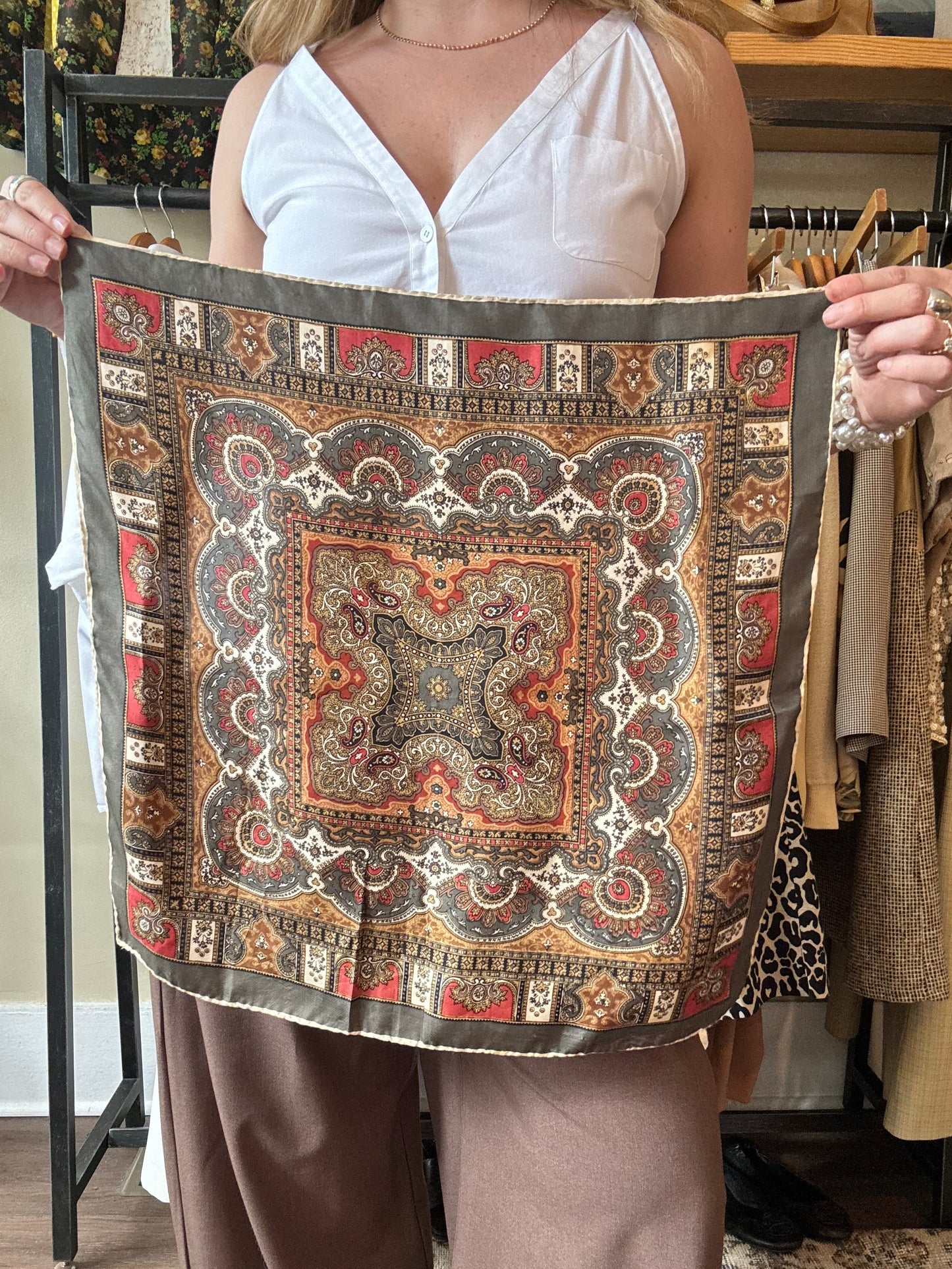 Vintage Muted Green & Red Paisley scarf