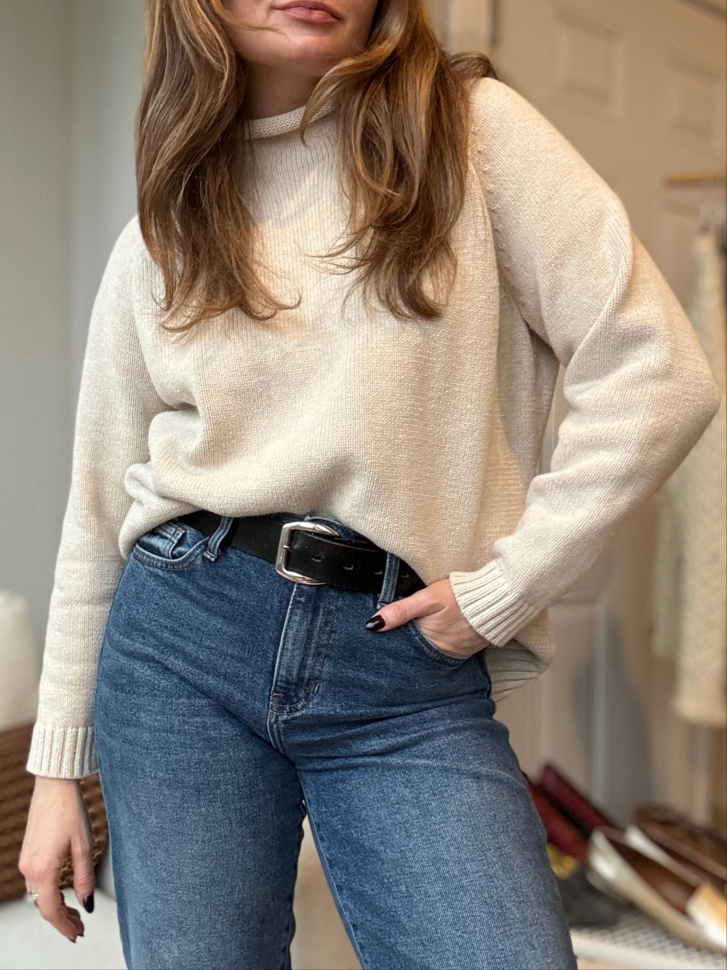 Cream Cotton Turtleneck Knit Sweater