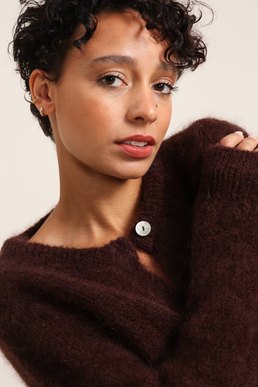 Mohair Chocolate Crew Neck Cardi