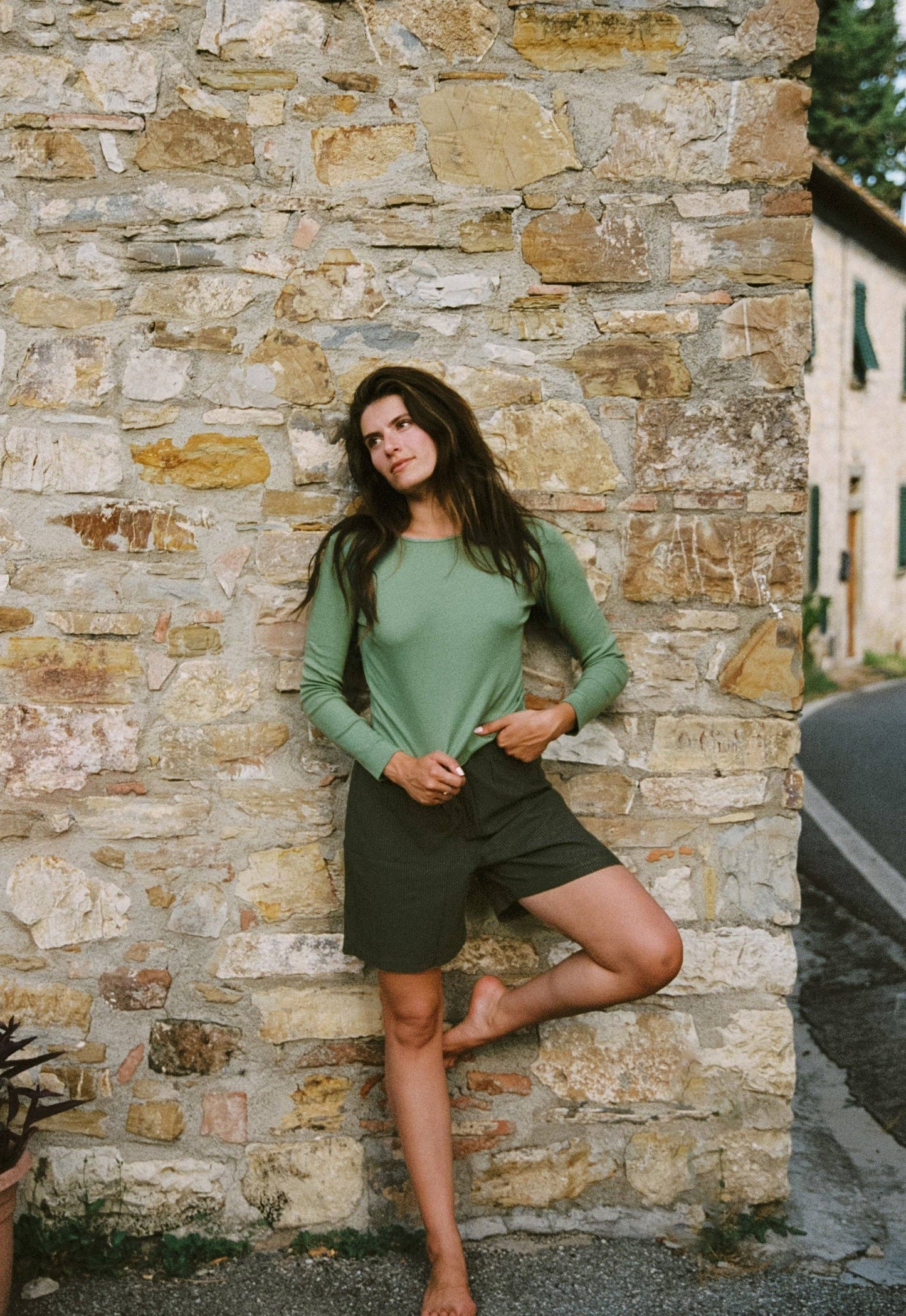 Linen Simple Short in Olive Stripe
