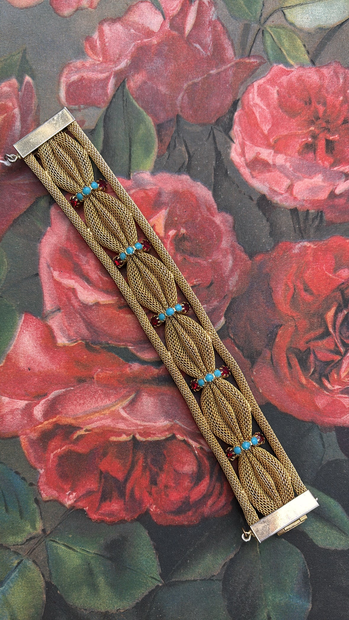 Gold Mesh Metal with Blue & Red Stone Costume Jewelry Bracelet