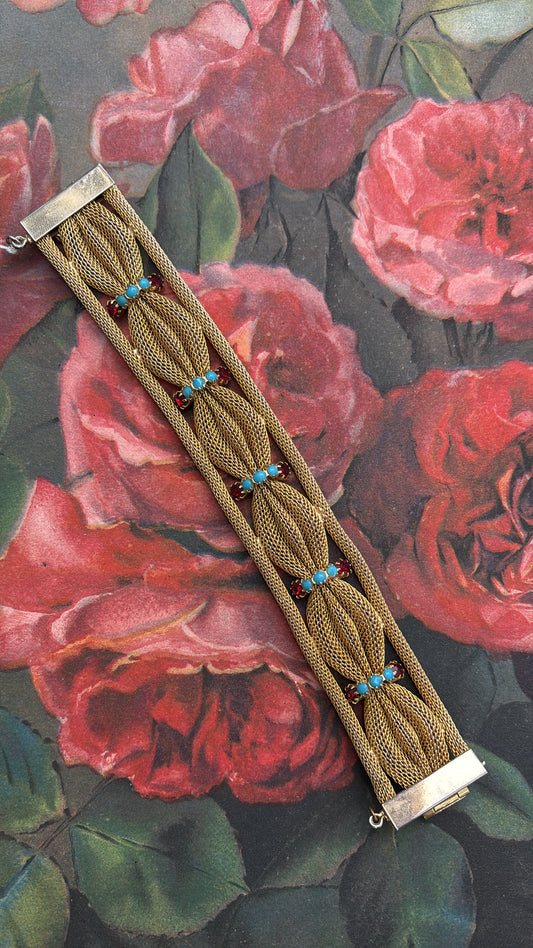 Gold Mesh Metal with Blue & Red Stone Costume Jewelry Bracelet