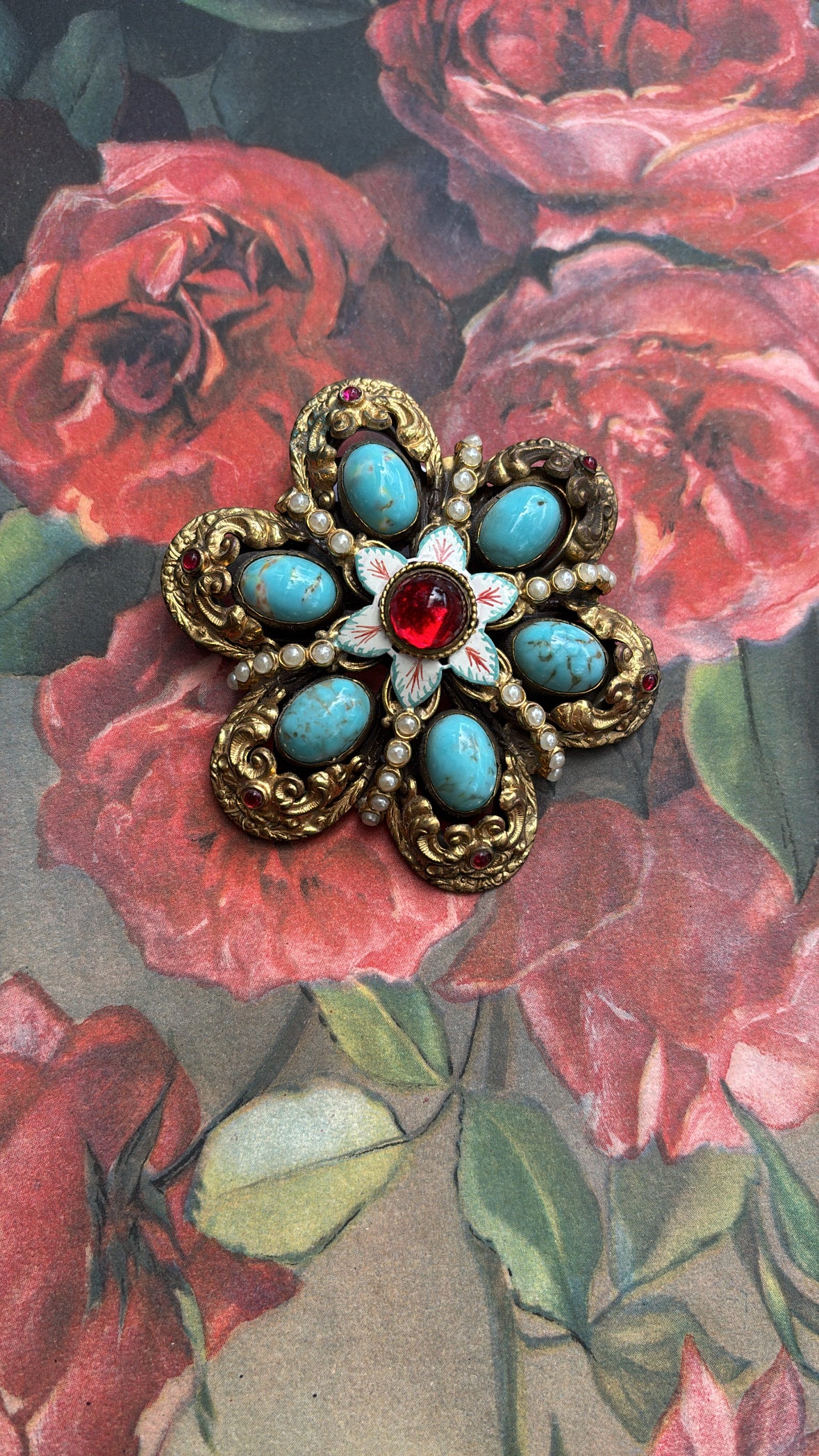 Jill Turquoise Red Bead Brooch