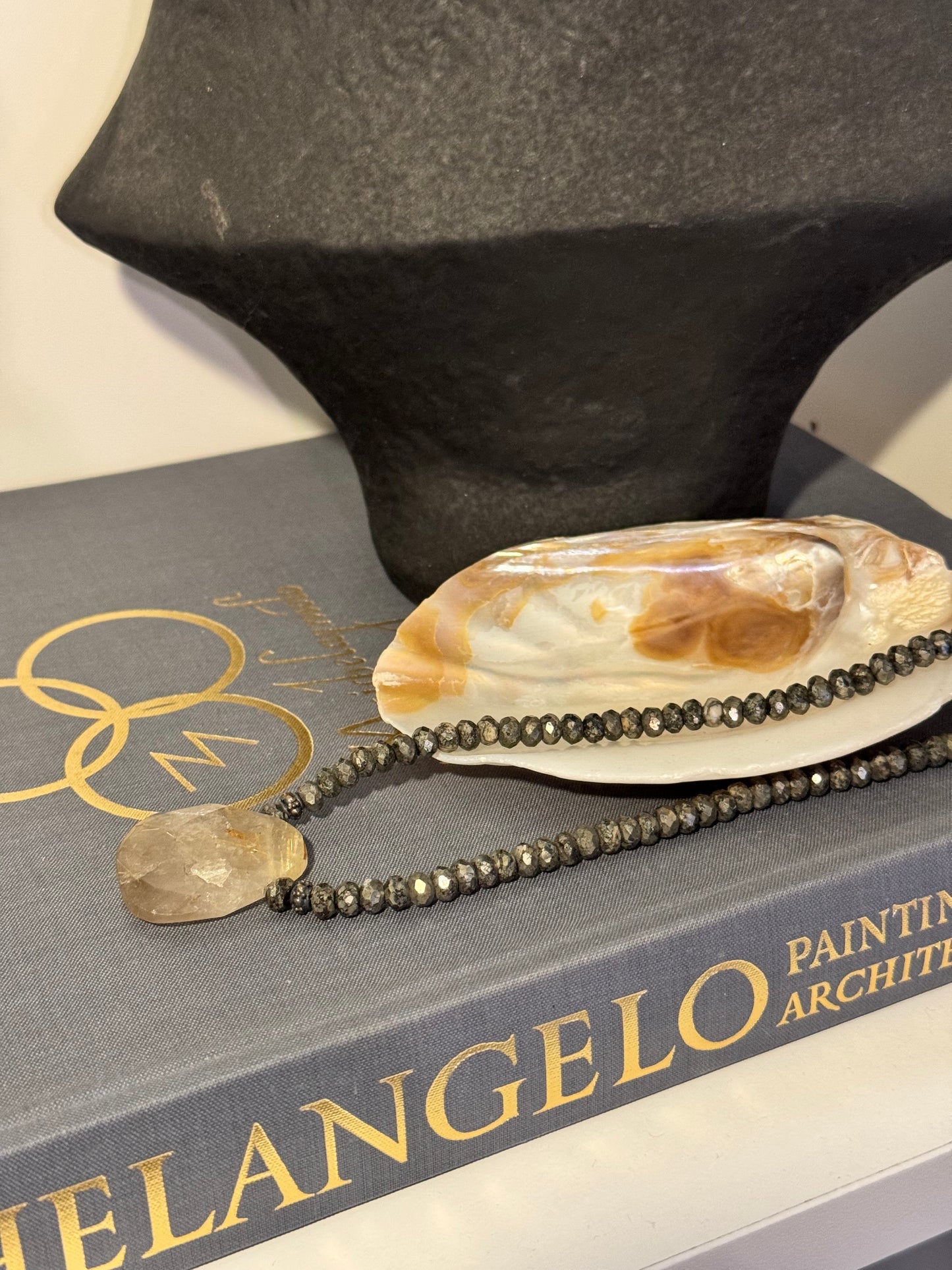 Vintage 925 Sterling Silver Pyrite Rondelle Necklace with Rutilated Quartz Pendant