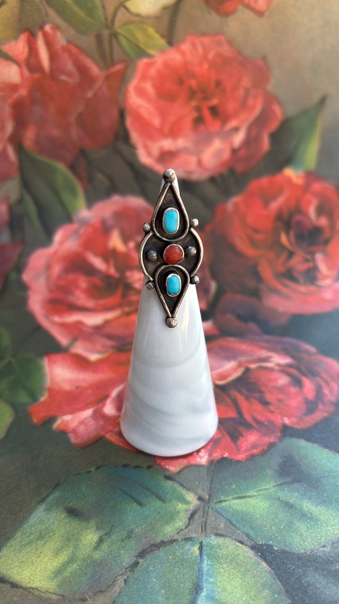 Jill Turquoise & Coral Diamond Navajo Mexican Sterling Ring