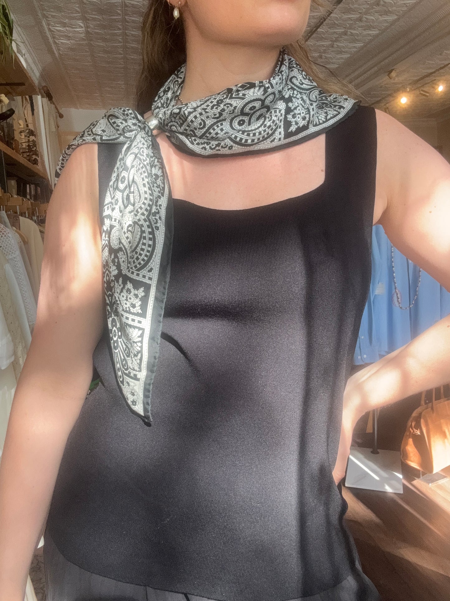 Large Vintage Black & White Silk Paisley Scarf