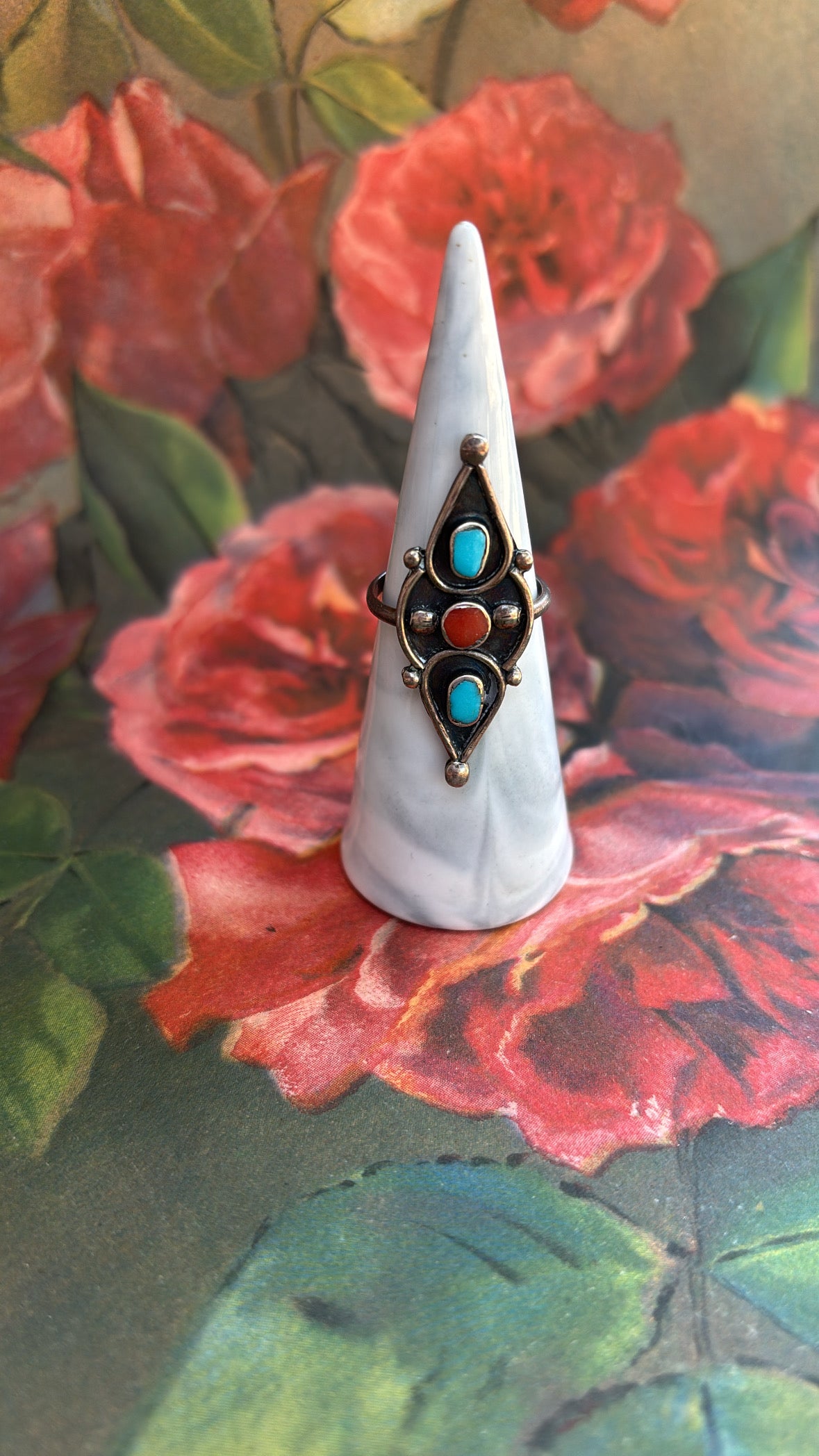 Jill Turquoise & Coral Diamond Navajo Mexican Sterling Ring