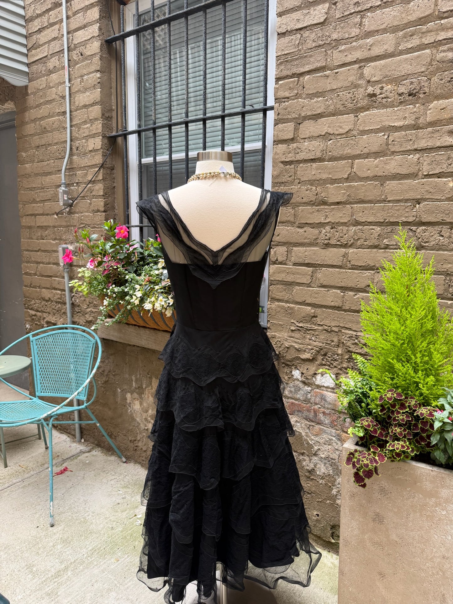 1950s Black Tiered Lace Chiffon Tulle Gown