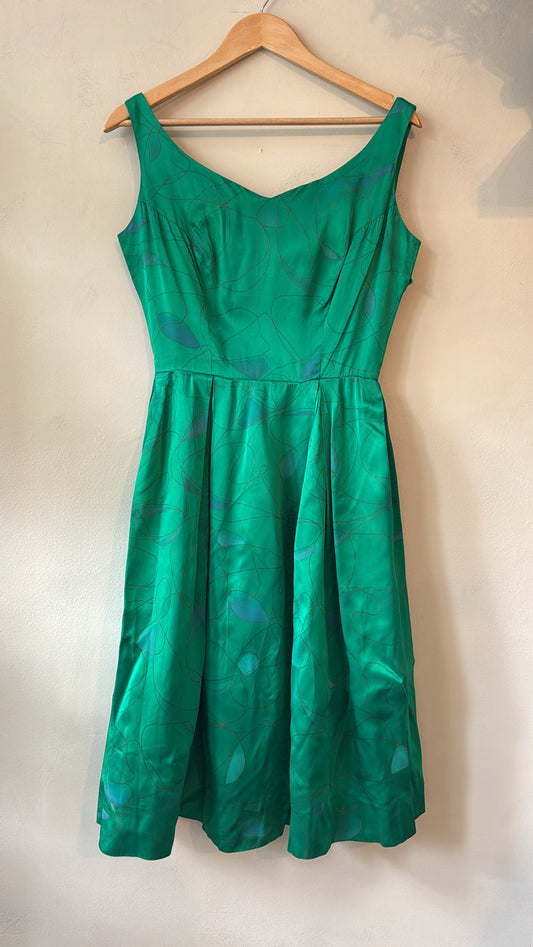 1950s Julie Miller Emerald Painted Satin Dress