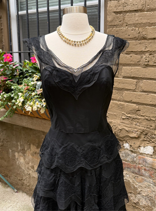 1950s Black Tiered Lace Chiffon Tulle Gown