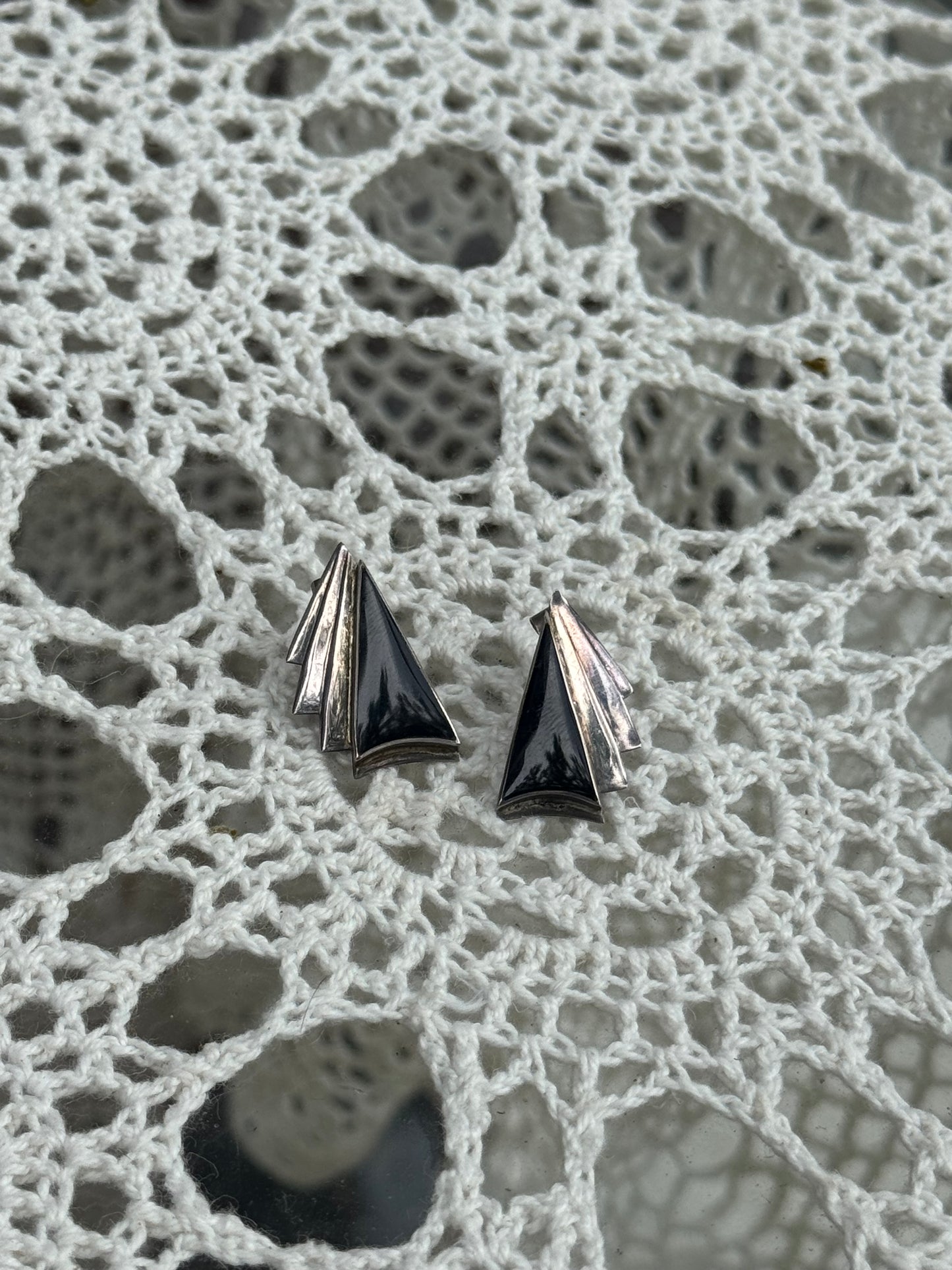 Vintage Mexican sterling silver & onyx deco earrings
