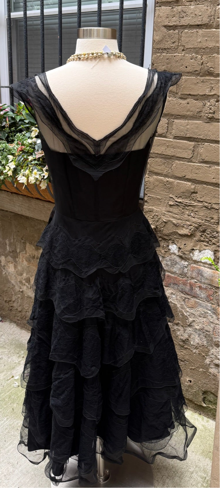 1950s Black Tiered Lace Chiffon Tulle Gown