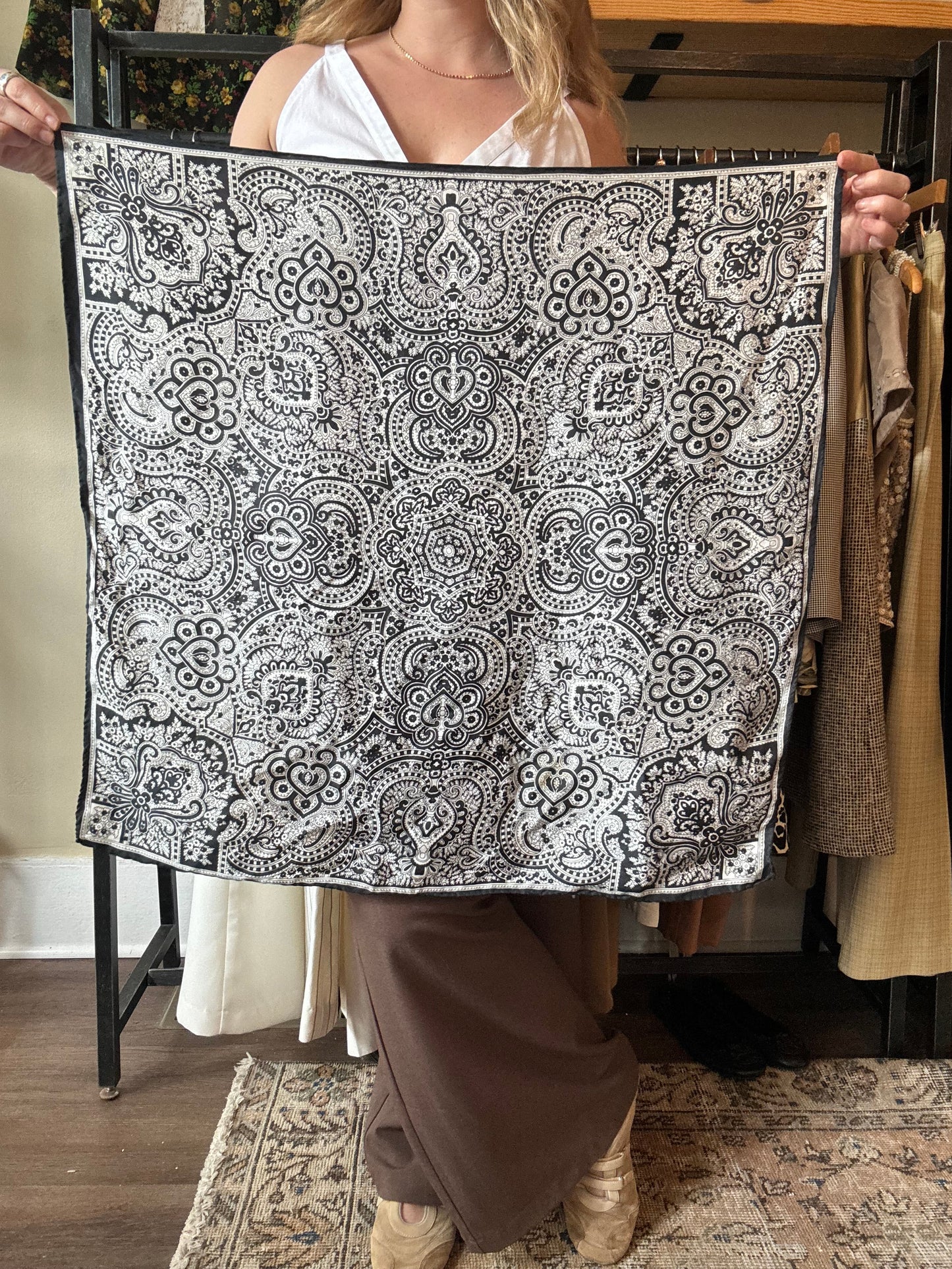 Large Vintage Black & White Silk Paisley Scarf