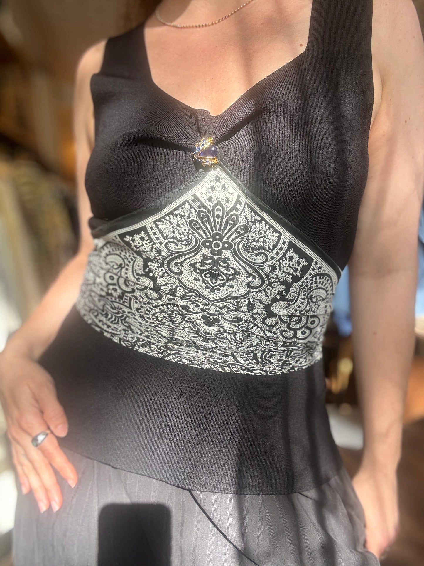 Large Vintage Black & White Silk Paisley Scarf