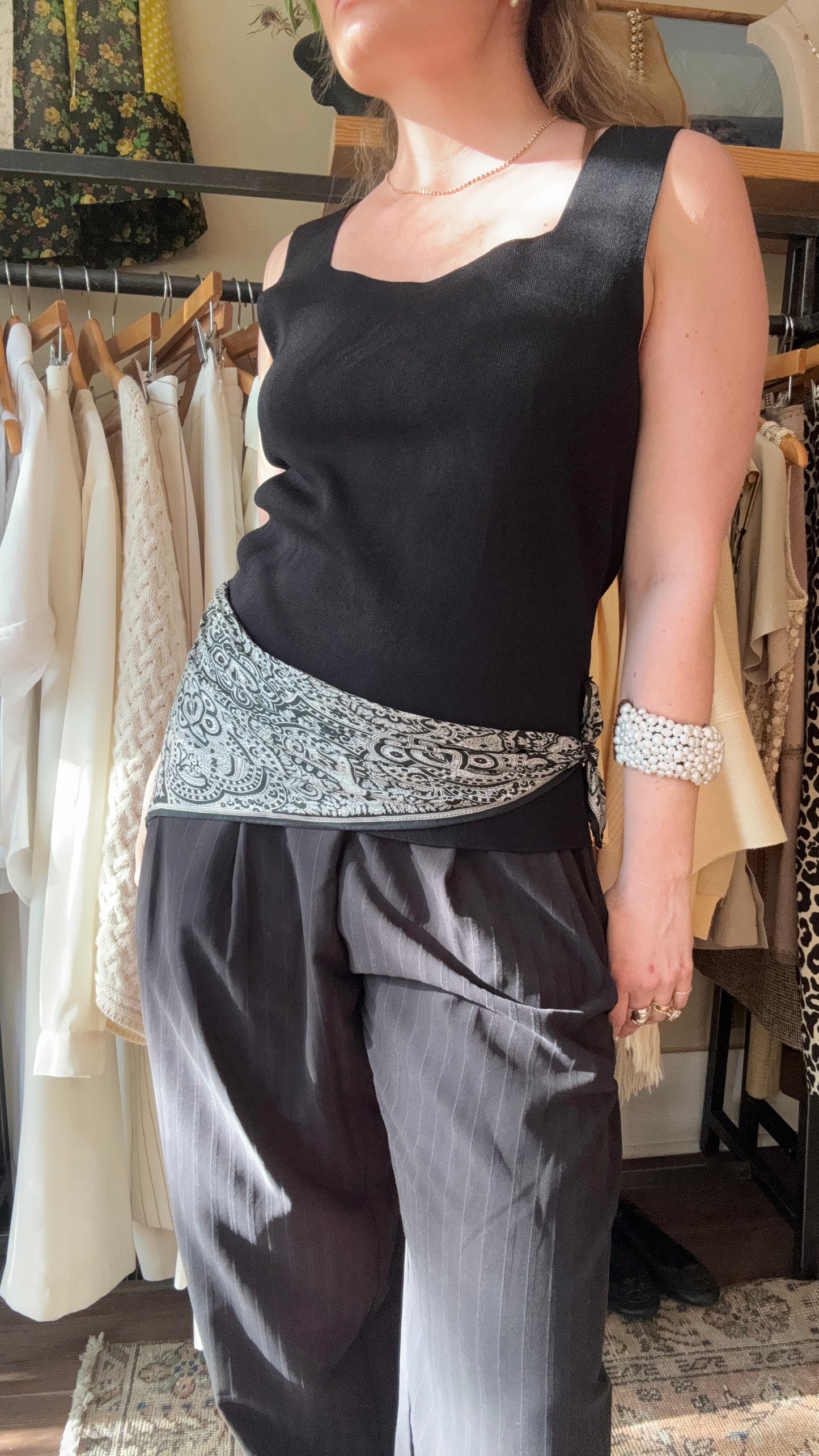 Large Vintage Black & White Silk Paisley Scarf