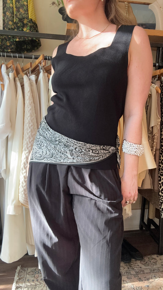 Large Vintage Black & White Silk Paisley Scarf