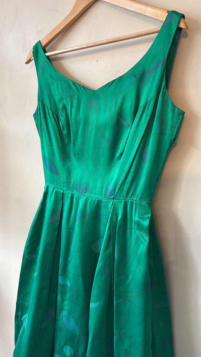 1950s Julie Miller Emerald Painted Satin Dress