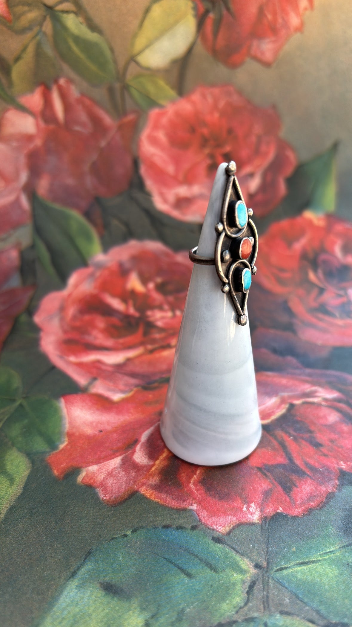 Jill Turquoise & Coral Diamond Navajo Mexican Sterling Ring