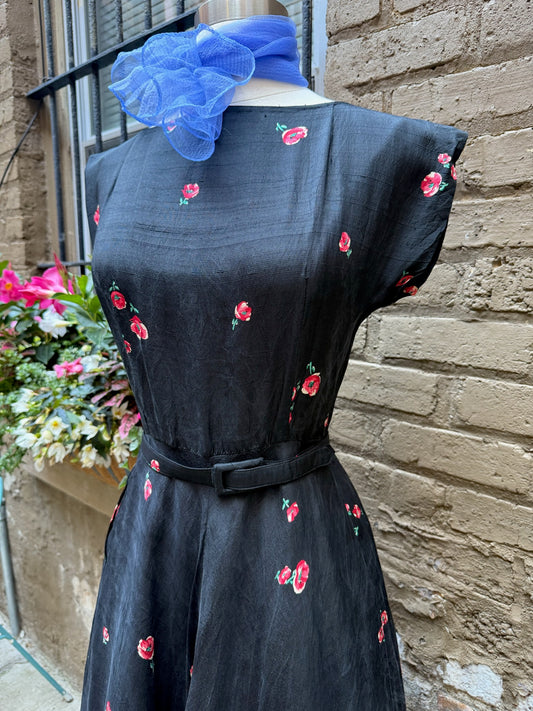 1960s Black Rose Silk Dress