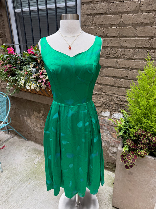 1950s Julie Miller Emerald Painted Satin Dress