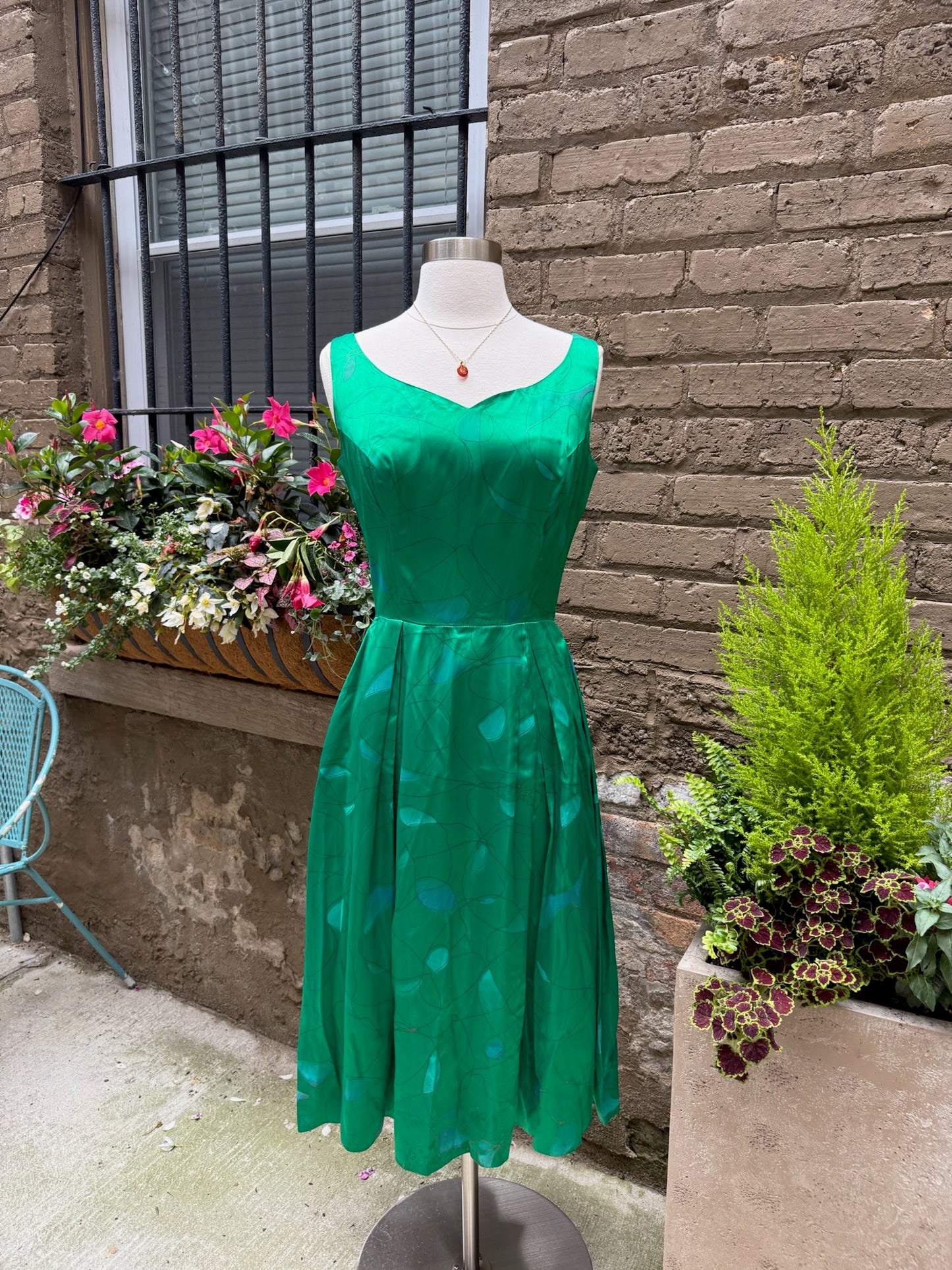 1950s Julie Miller Emerald Painted Satin Dress