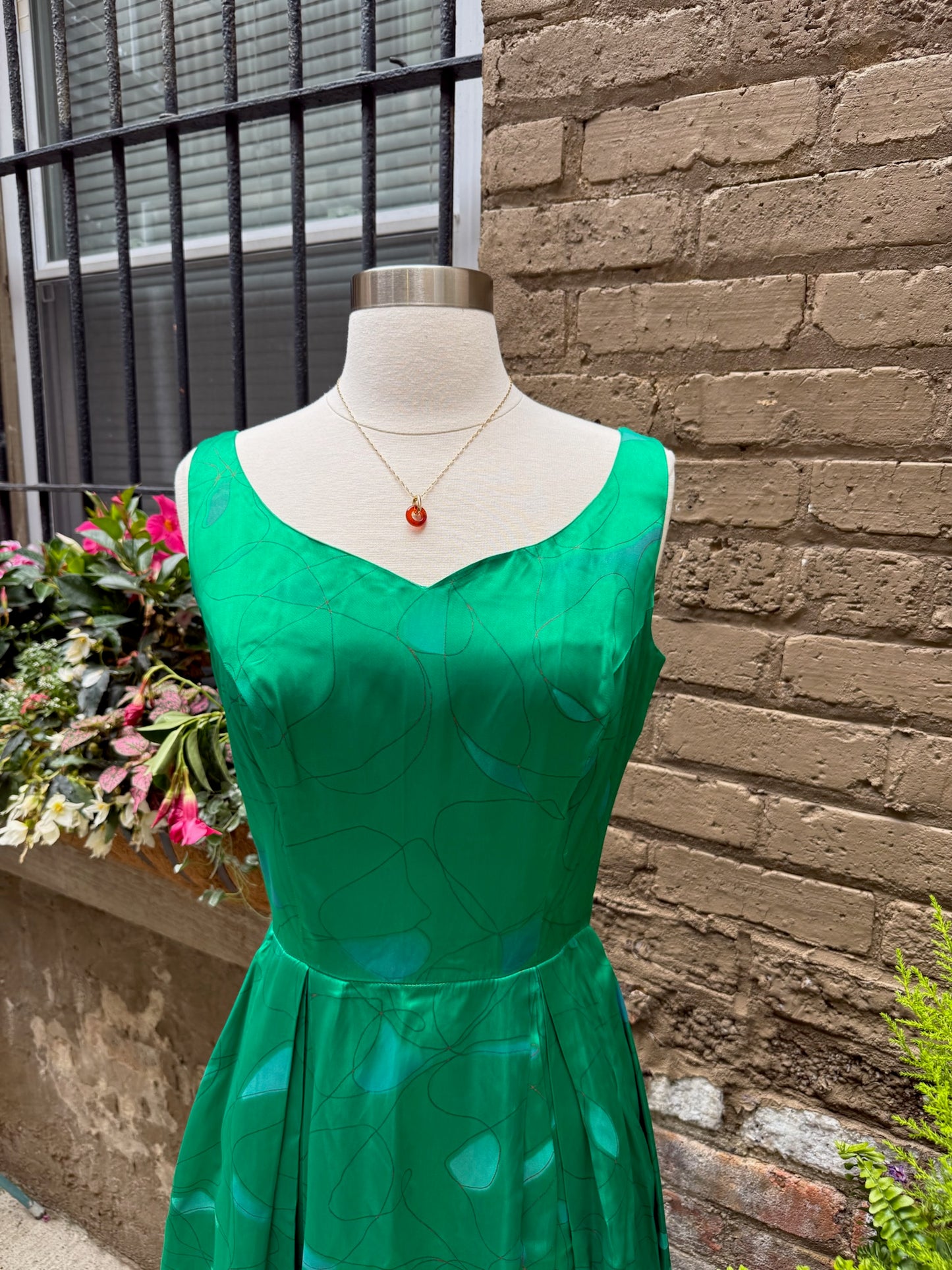 1950s Julie Miller Emerald Painted Satin Dress