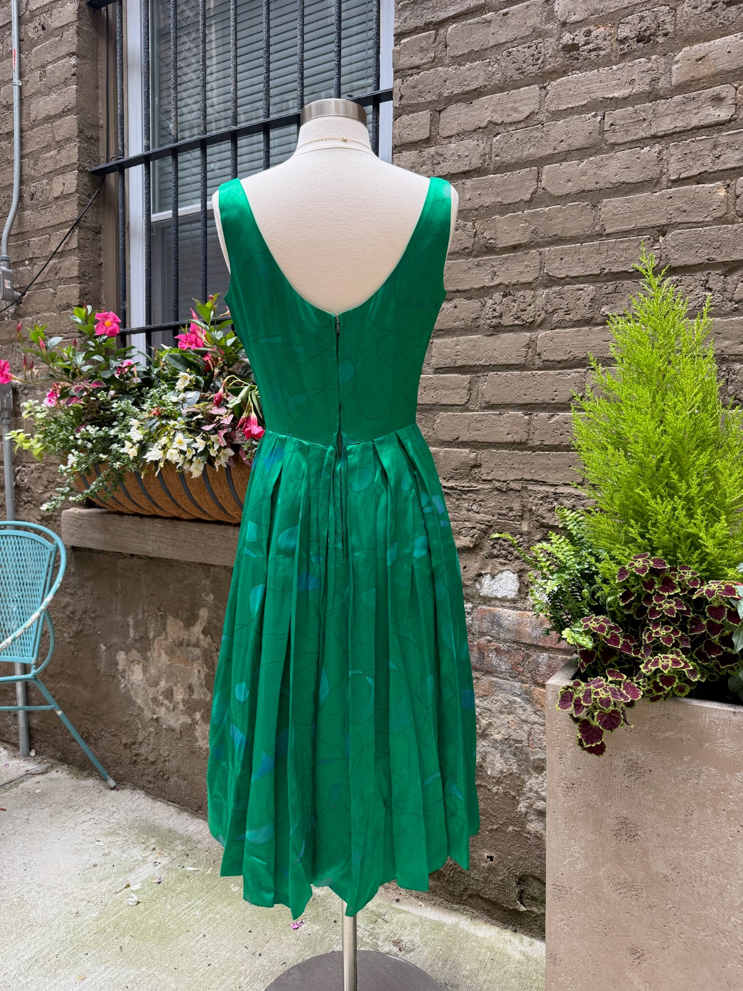 1950s Julie Miller Emerald Painted Satin Dress