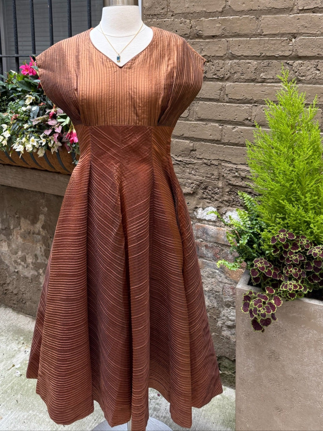 1950s Copper Satin Pintuck Dress