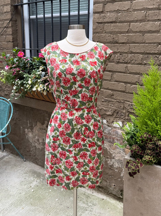 1960s Bullocks Wilshire Red Jungle Sparkle Dress