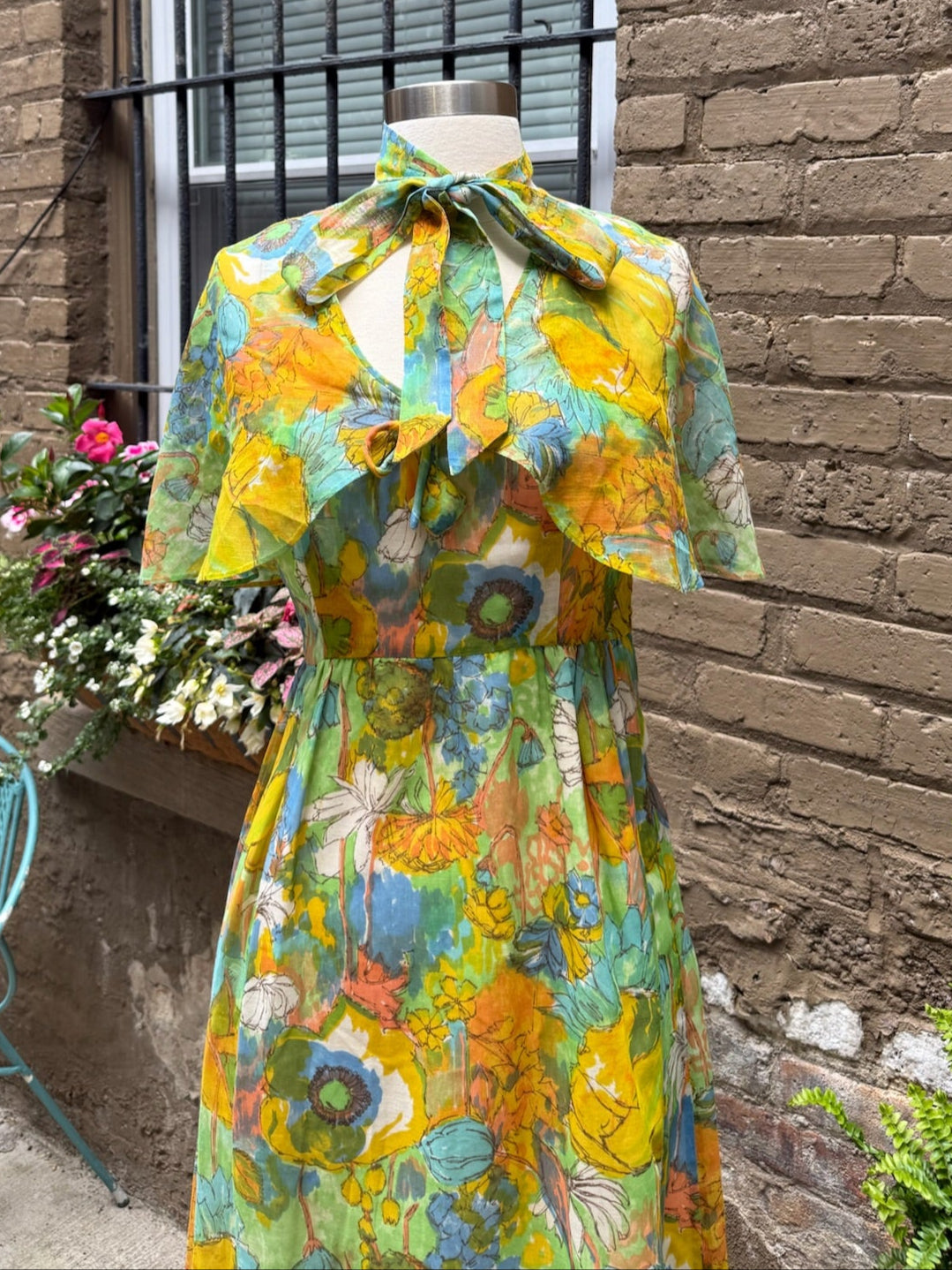 1970s Watercolor Floral Flutter Maxi Dress