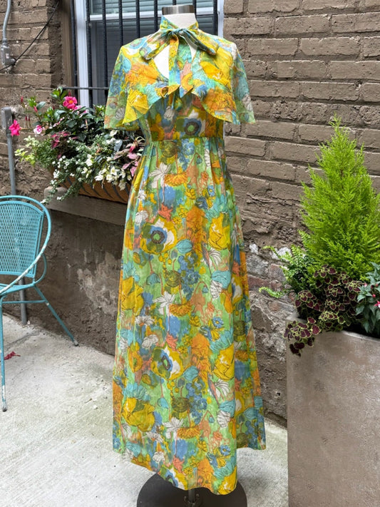 1970s Watercolor Floral Flutter Maxi Dress