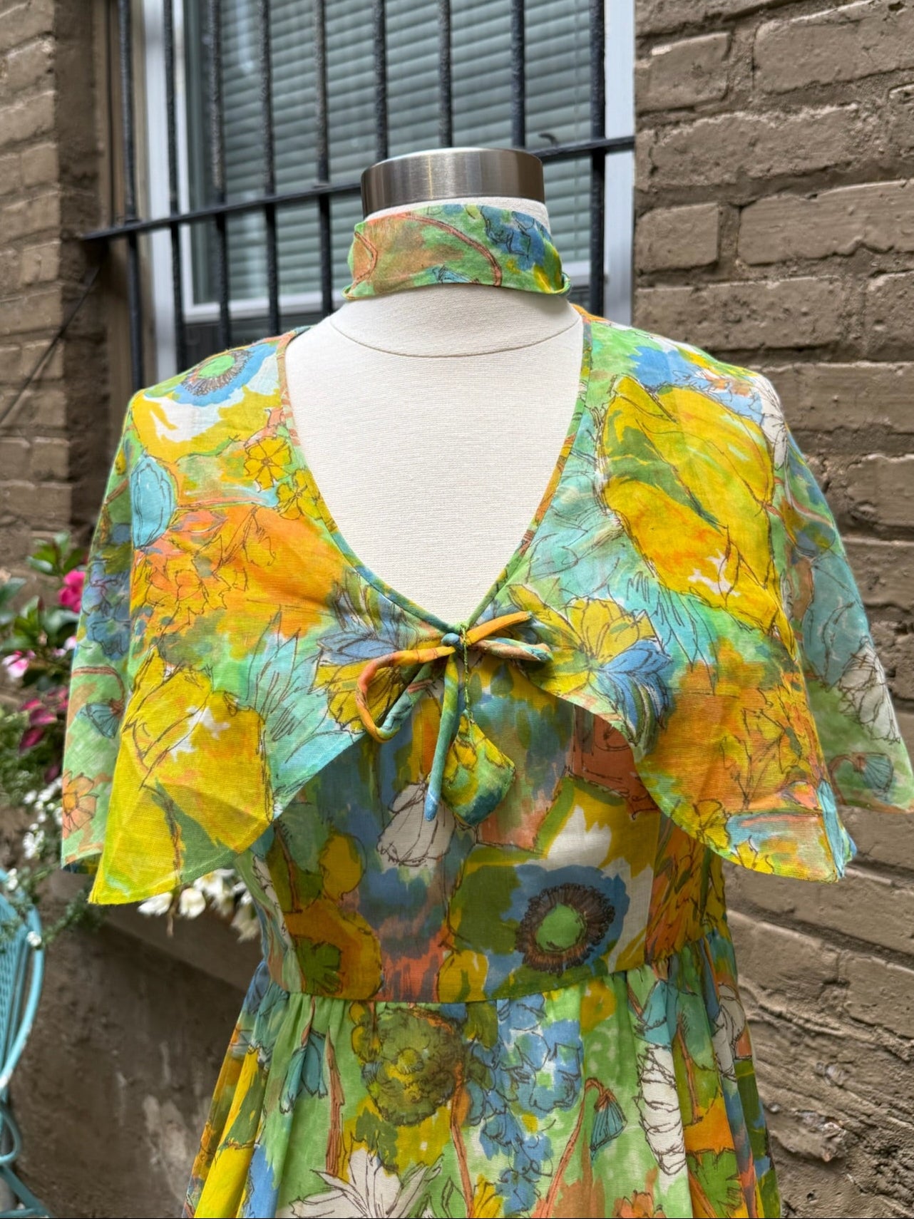 1970s Watercolor Floral Flutter Maxi Dress