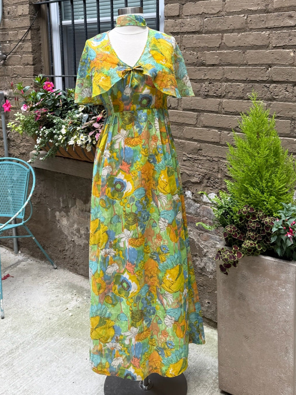 1970s Watercolor Floral Flutter Maxi Dress