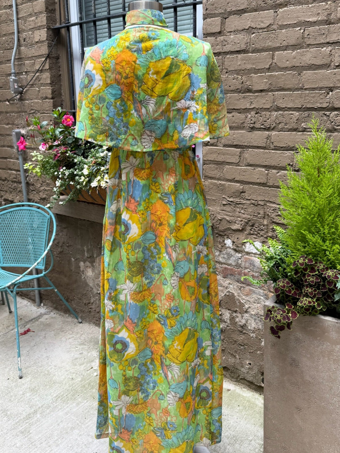 1970s Watercolor Floral Flutter Maxi Dress