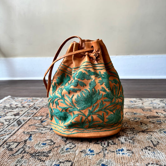 1970s embroidered leather drawstring bucket bag