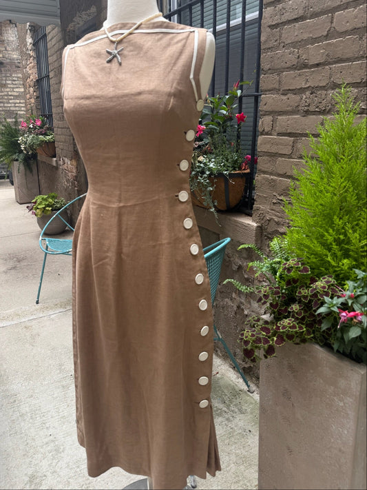1950s Brown Linen Button Side Dress