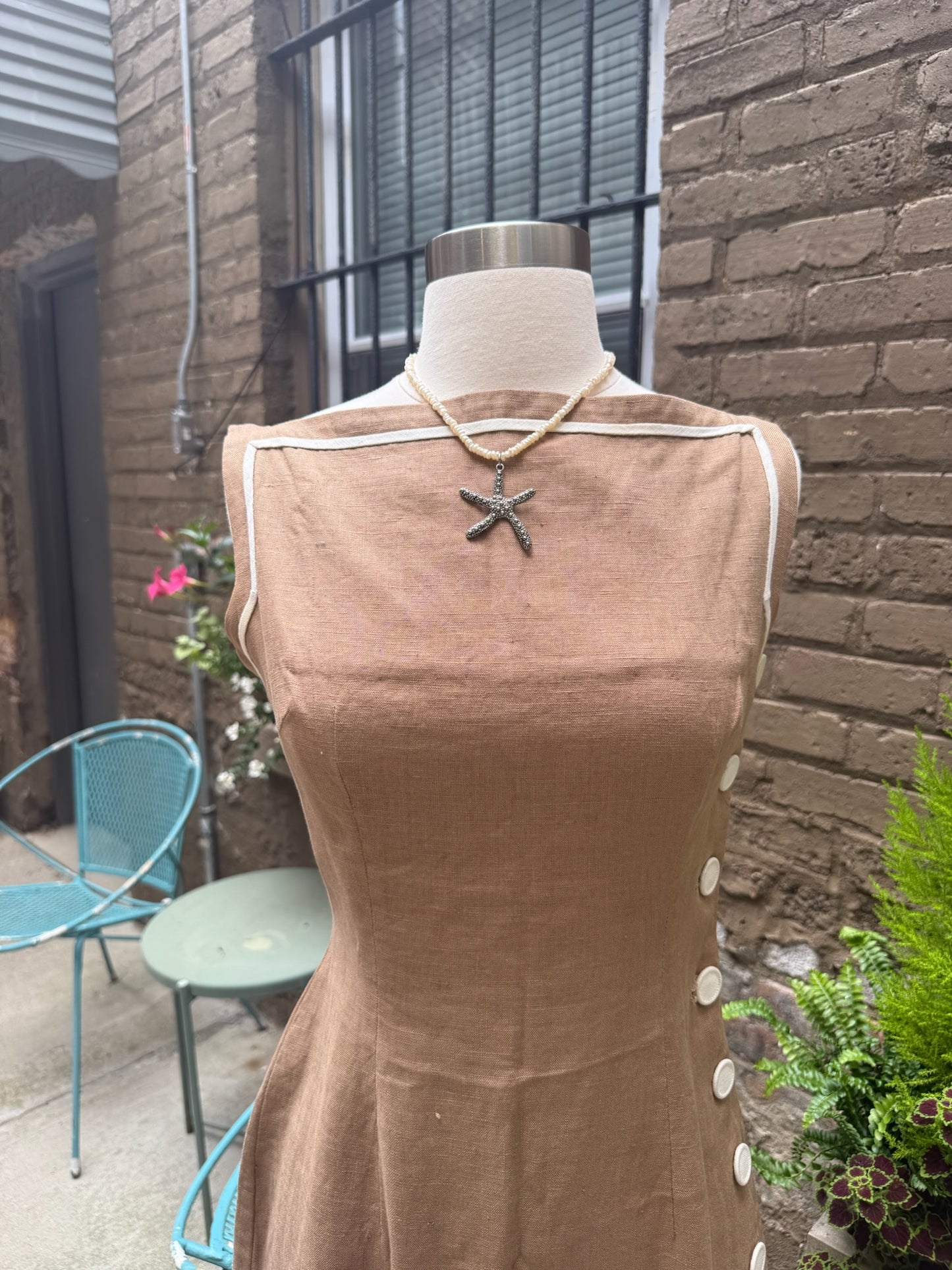 1950s Brown Linen Button Side Dress