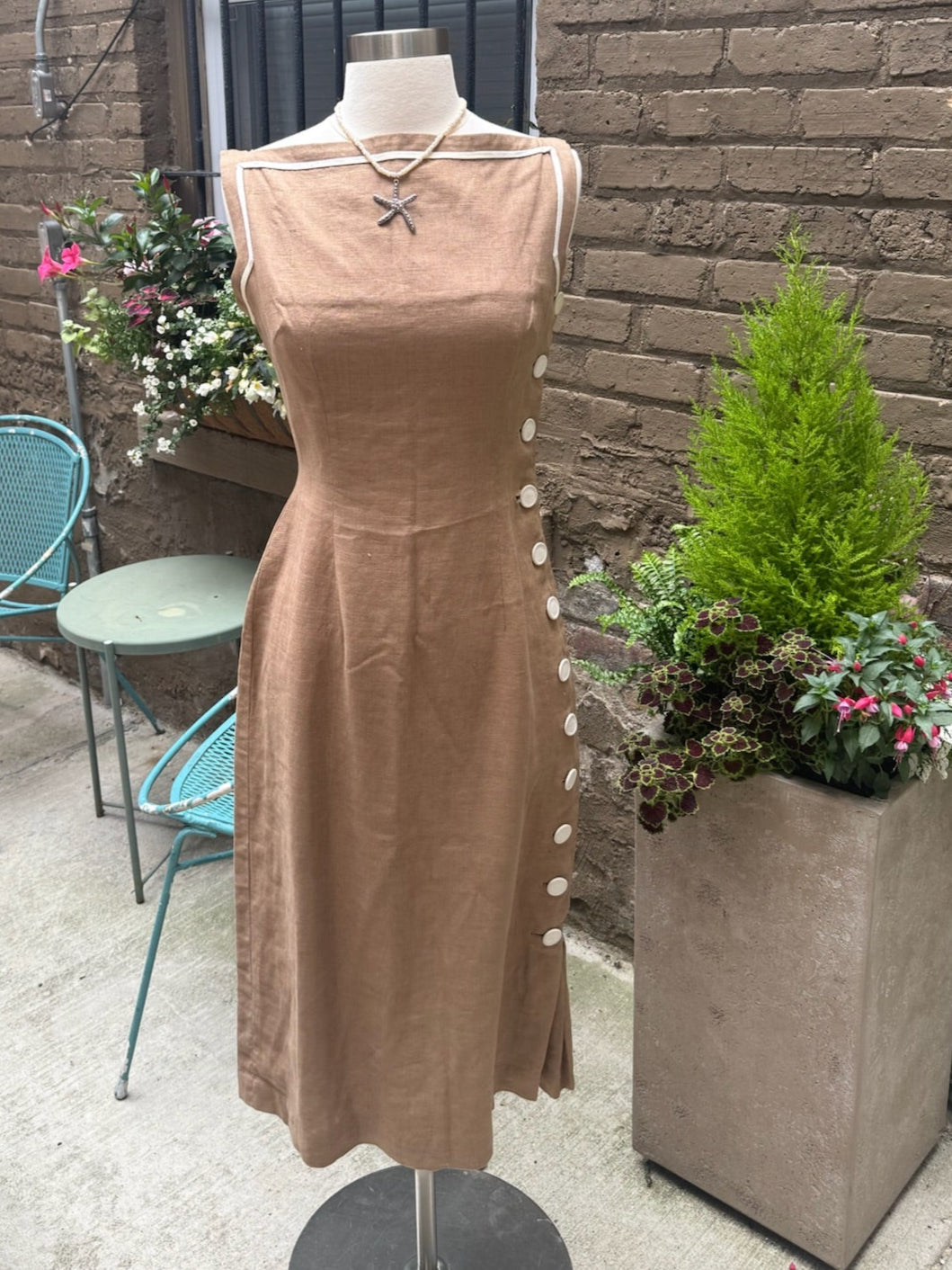 1950s Brown Linen Button Side Dress