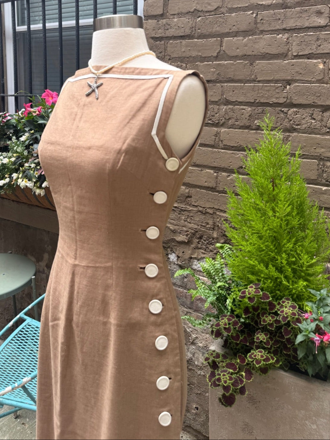 1950s Brown Linen Button Side Dress