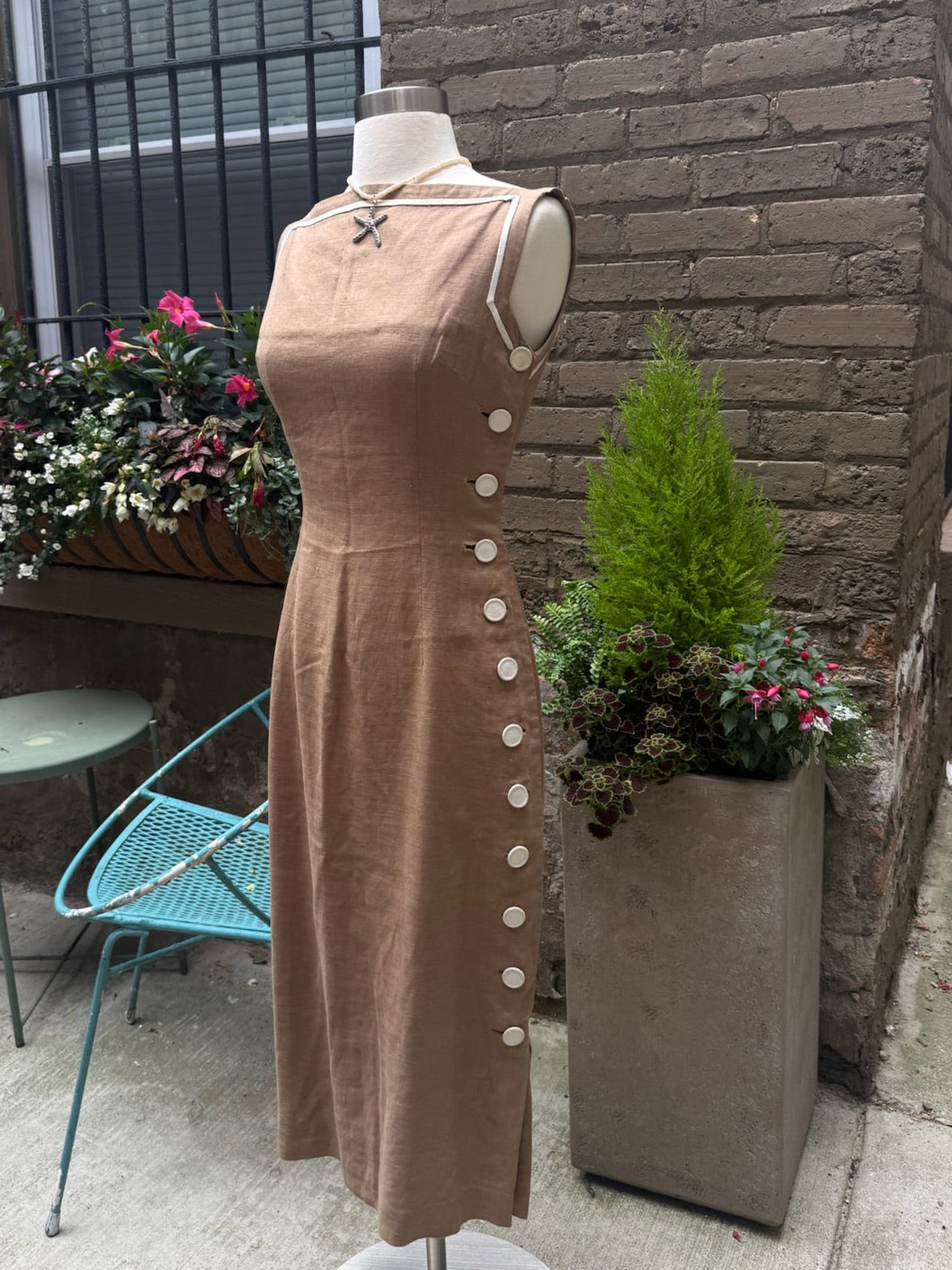 1950s Brown Linen Button Side Dress