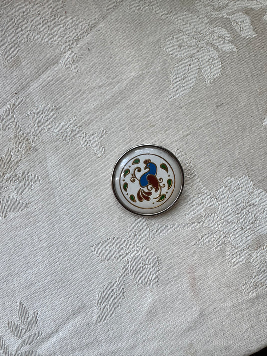 Vintage Enamel Peacock Medallion Brooch