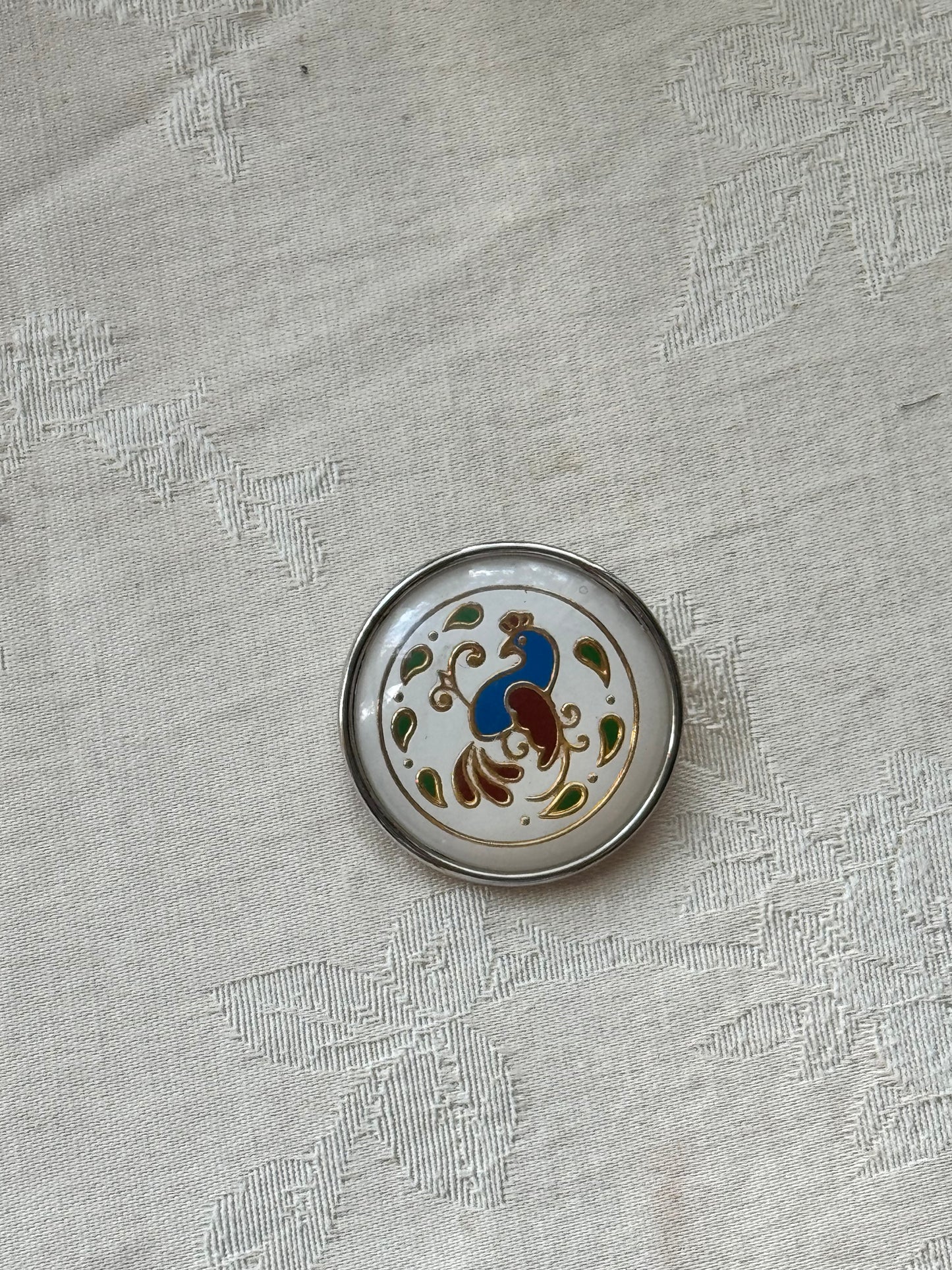 Vintage Enamel Peacock Medallion Brooch