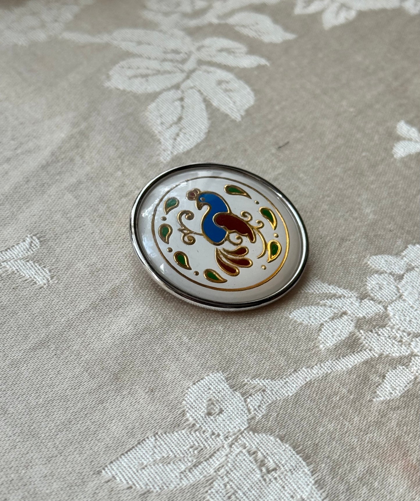 Vintage Enamel Peacock Medallion Brooch
