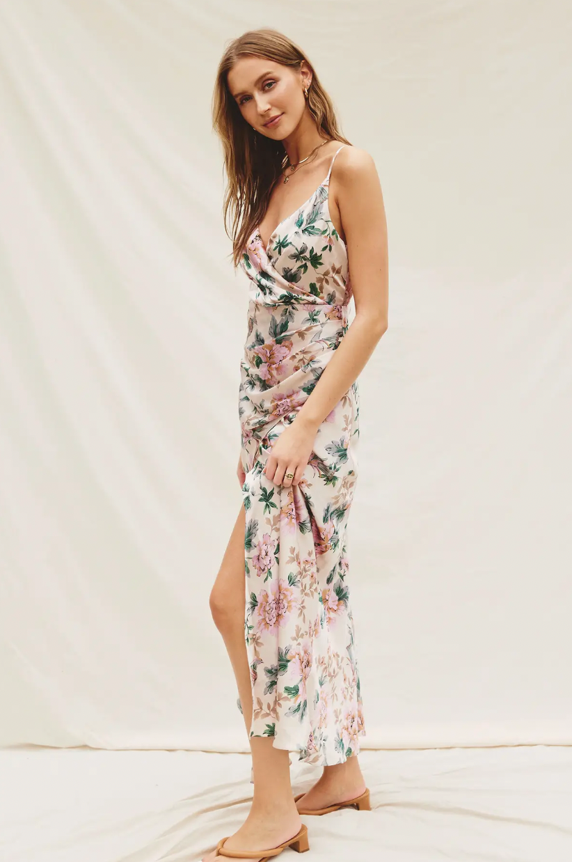 Floral Square-neck Satin A-line Maxi Bridesmaid Dress With Front Slit In  Vintage Primrose | The Dessy Group