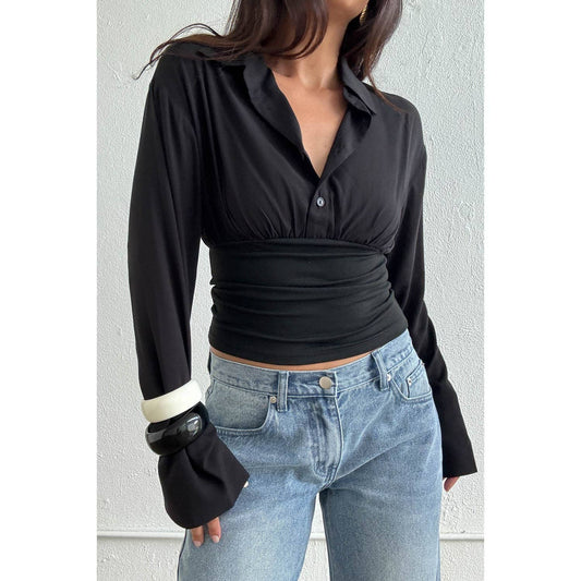 Half Button Down Fitted Waist Shirt in Black