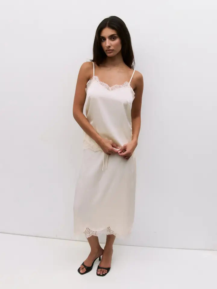 The Gabrielle Satin Lace Midi Skirt